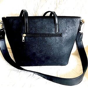 black floral stamped work tote shoulder crossbody Bag vegan leather Classic